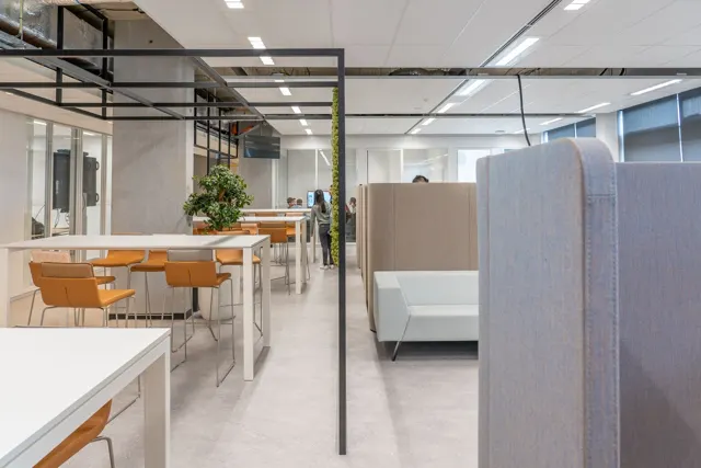 Modern office with white walls and ceilings, wood tables, and glass partitions